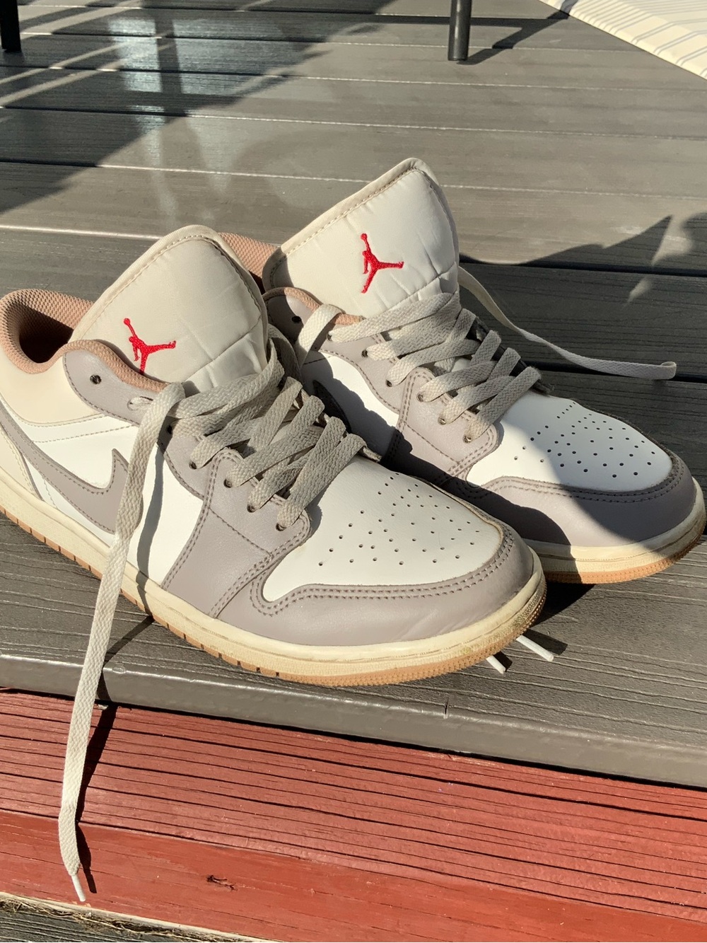 Jordan Low Sneaker in White, Gray & Red Accent